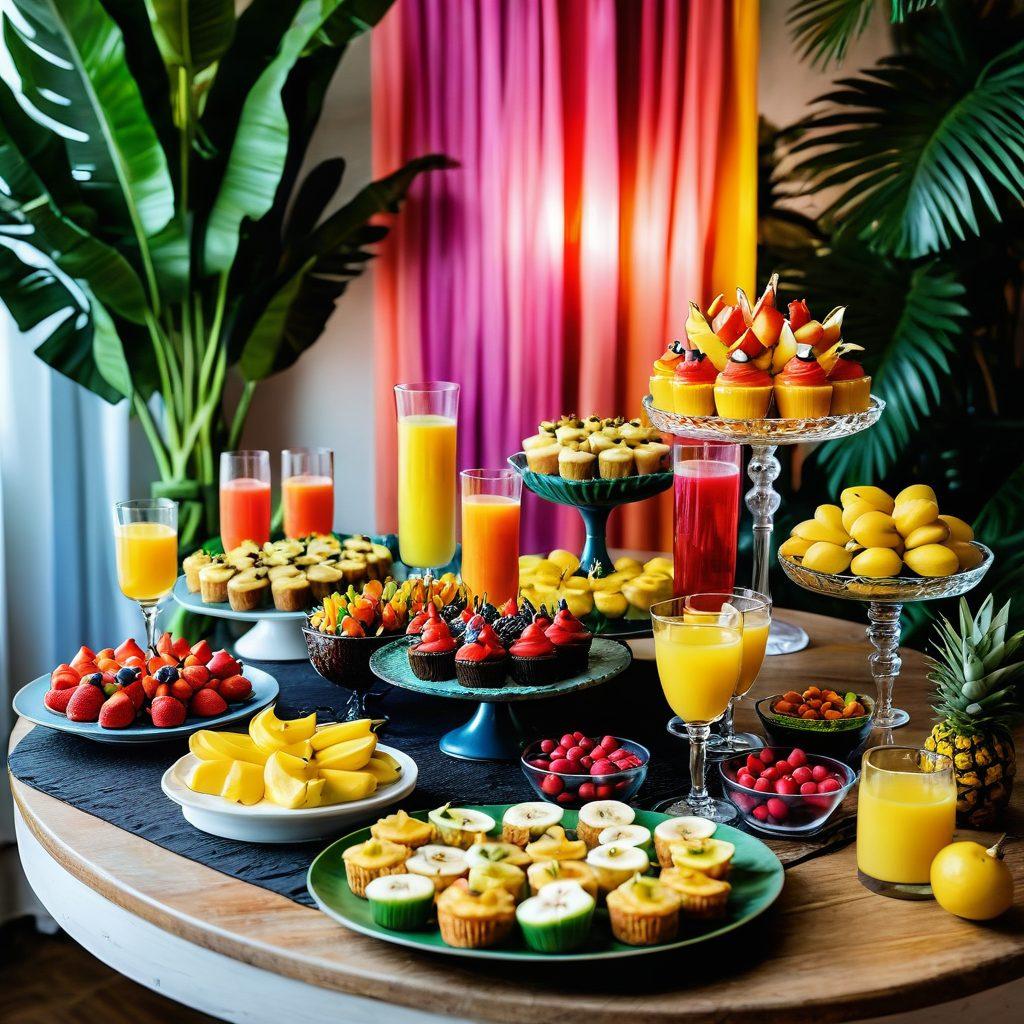 A beautifully arranged table set for a gathering, showcasing a variety of cocktails and desserts made with banana brandy. Feature colorful cocktail glasses filled with vibrant, fruity drinks, alongside elegant dessert platters adorned with banana-infused treats like mousse, tarts, and pastries. Soft, warm lighting creates an inviting ambiance, while tropical decorations and fresh banana bunches surround the setup. The backdrop hints at a festive celebration. super-realistic. vibrant colors. soft lighting.