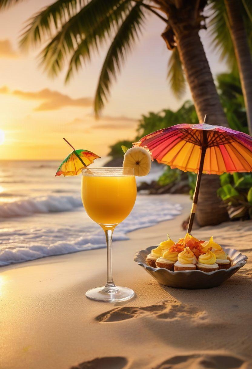 A vibrant tropical setting featuring a beautifully crafted banana brandy cocktail with a colorful umbrella, placed on a sandy beach with palm trees in the background. Surround the drink with tantalizing banana desserts, like banana tarts and banana cream pie, all under a warm sunset sky. Include soft waves lapping at the shore to evoke a sense of bliss. super-realistic. vibrant colors. tropical theme.