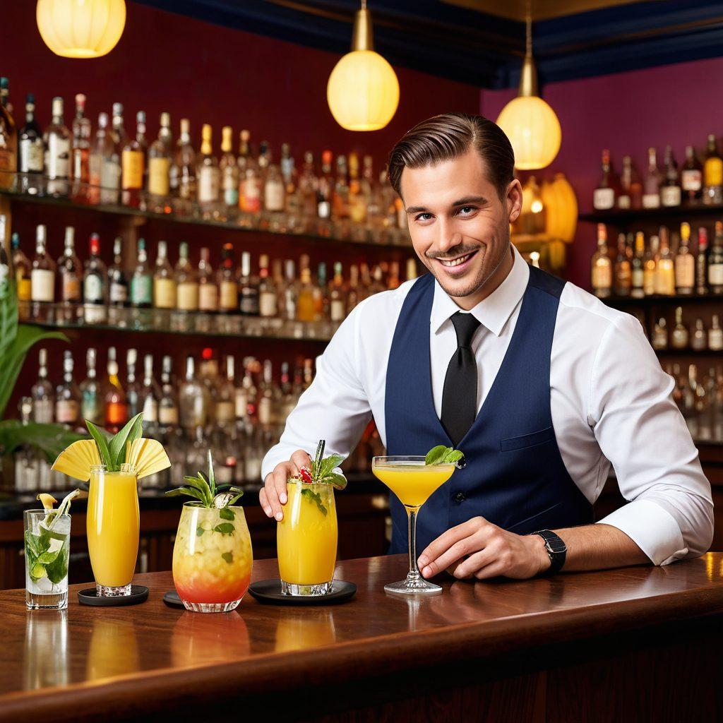 A vibrant bar scene showcasing a talented mixologist expertly crafting a variety of banana beverages, adorned with colorful garnishes like umbrellas, mint leaves, and slices of banana. The background features a stylish bar with bottles and tools of the trade, while soft lighting creates an inviting atmosphere. Capture the joy and creativity in mixology with an array of banana cocktails elegantly displayed. super-realistic. vibrant colors. warm lighting.